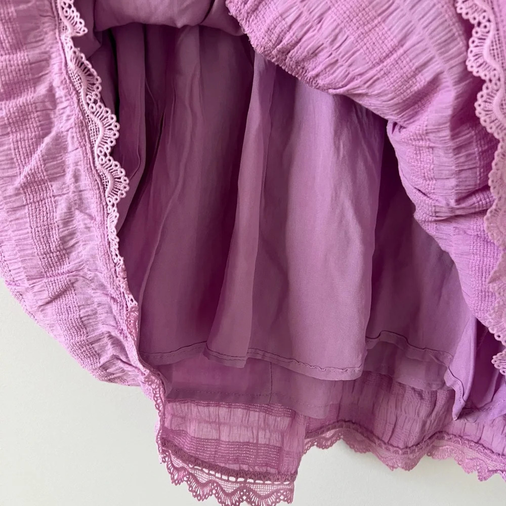 Women’s Resortwear Pink Cotton Puff Sleeve Wrap Tiered Pink Purple Mini Dress - Picture 8 of 12